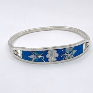 VTG Mexico Silver Floral Abalone Bangle Bracelet